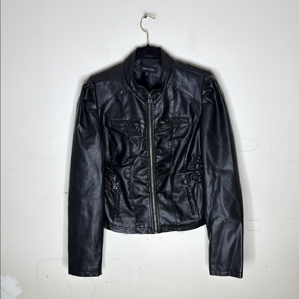 New Look Black Faux Leather Moto Jacket Fitted Style Size Large